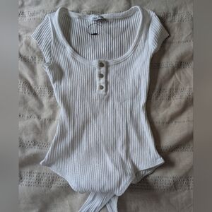 Zara White Ribbed Button-Front Women's Bodysuit
